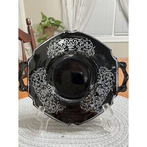 Vintage Mid-Century Black Onyx Glass Serving Plate W/Handles and Silver Overlay